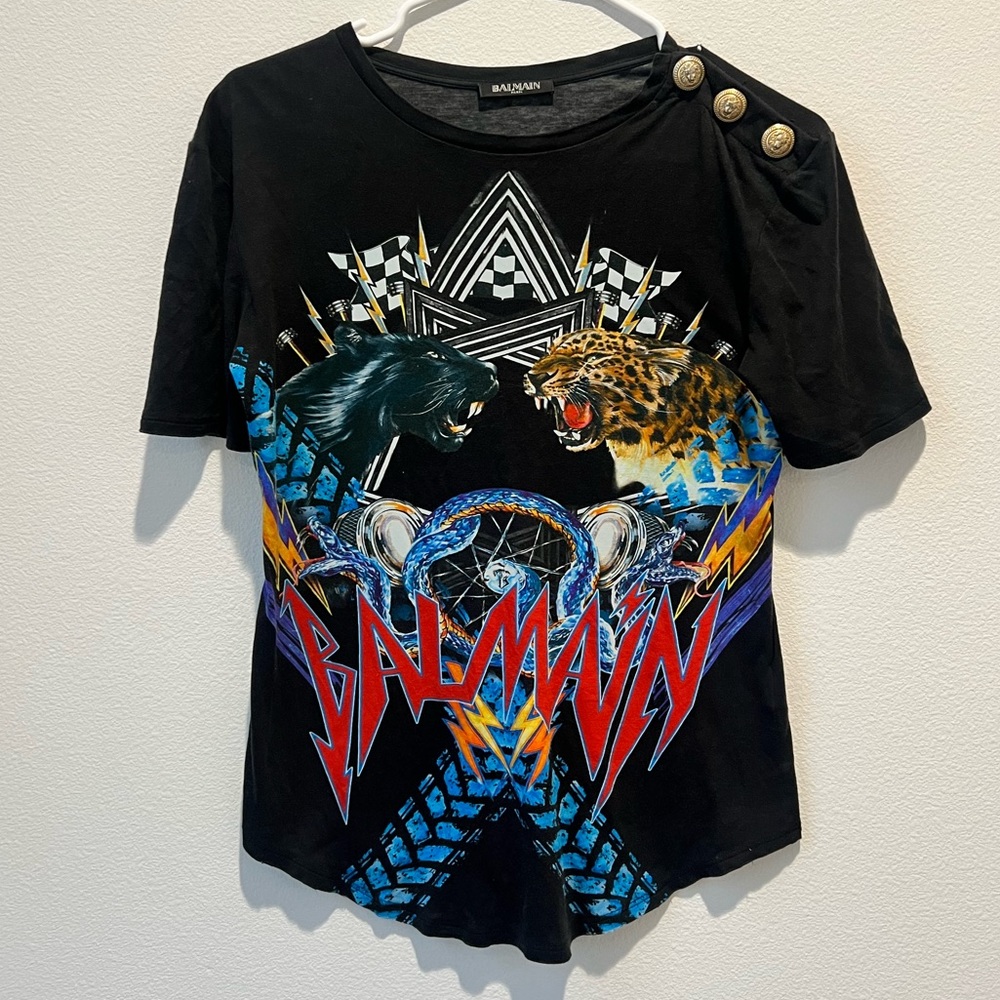 Authentic women’s black gold button Balmain short sleeve t shirt size 36 x small